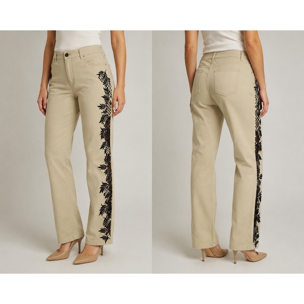 Per Se Women's Embroidered Crop Pants‎ Size 6 Beige Black Floral Mesh Stretch...